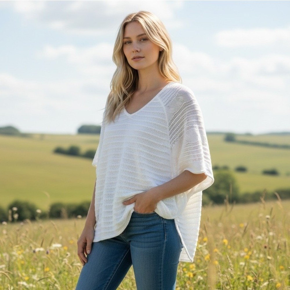 Lucky Brand White Cable Knit Crochet V-Neck Dolman Sleeve (S) Coquette, Bohemian